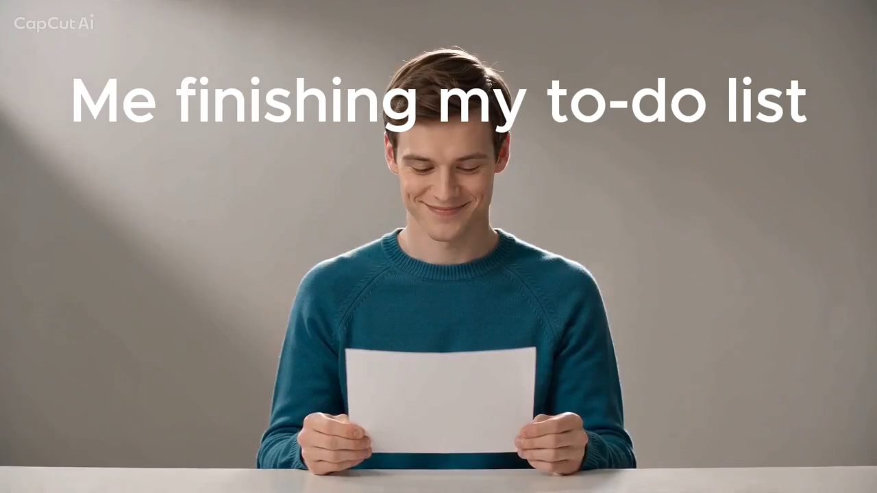 CapCut result frame showing Me finishing my to-do list above a smiling fictional adult