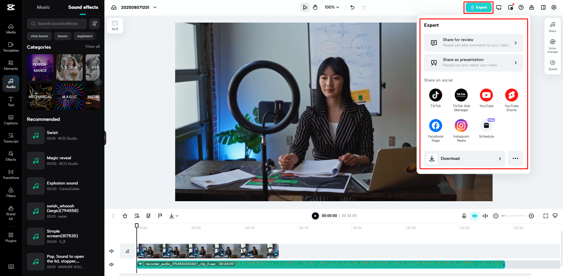 Exporting a video from CapCut Web