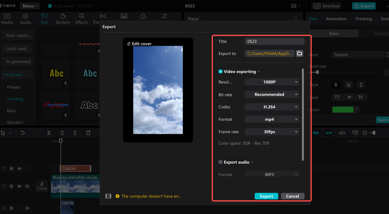 Export a video from the CapCut desktop video editor and AI shorts maker.