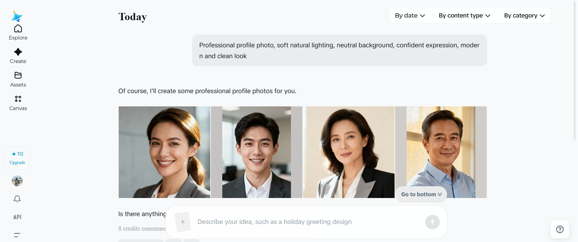 Interfaz de la interfaz Dreamina que muestra fotos de perfil de IA con opciones para experimentación de diseño, color y variaciones de estilo