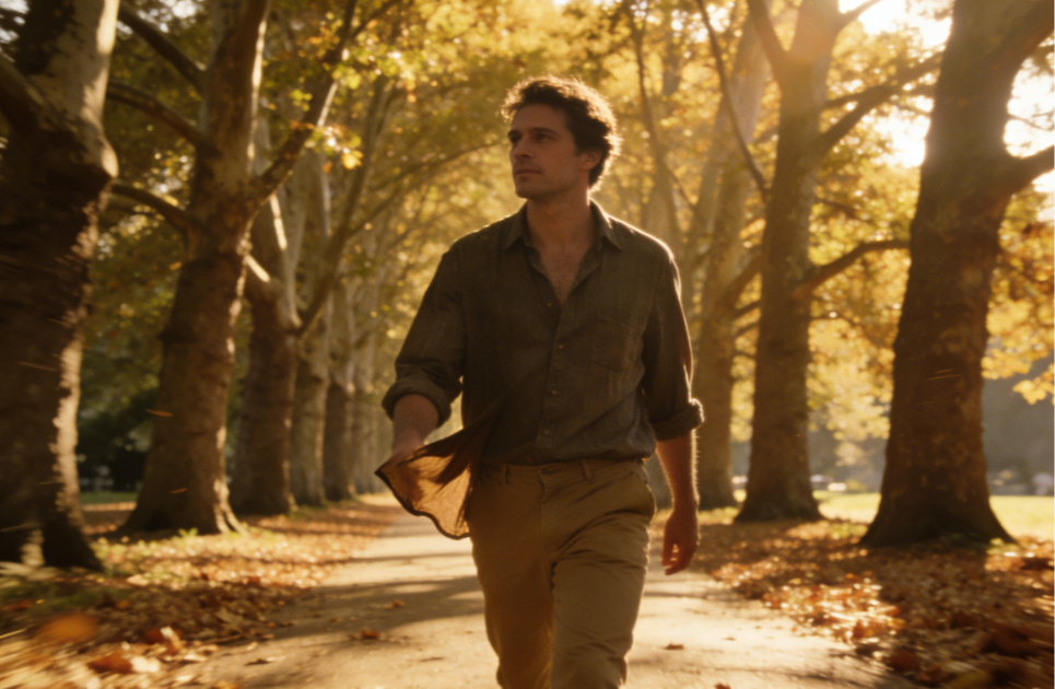 A man strolls leisurely along a tree-lined path.