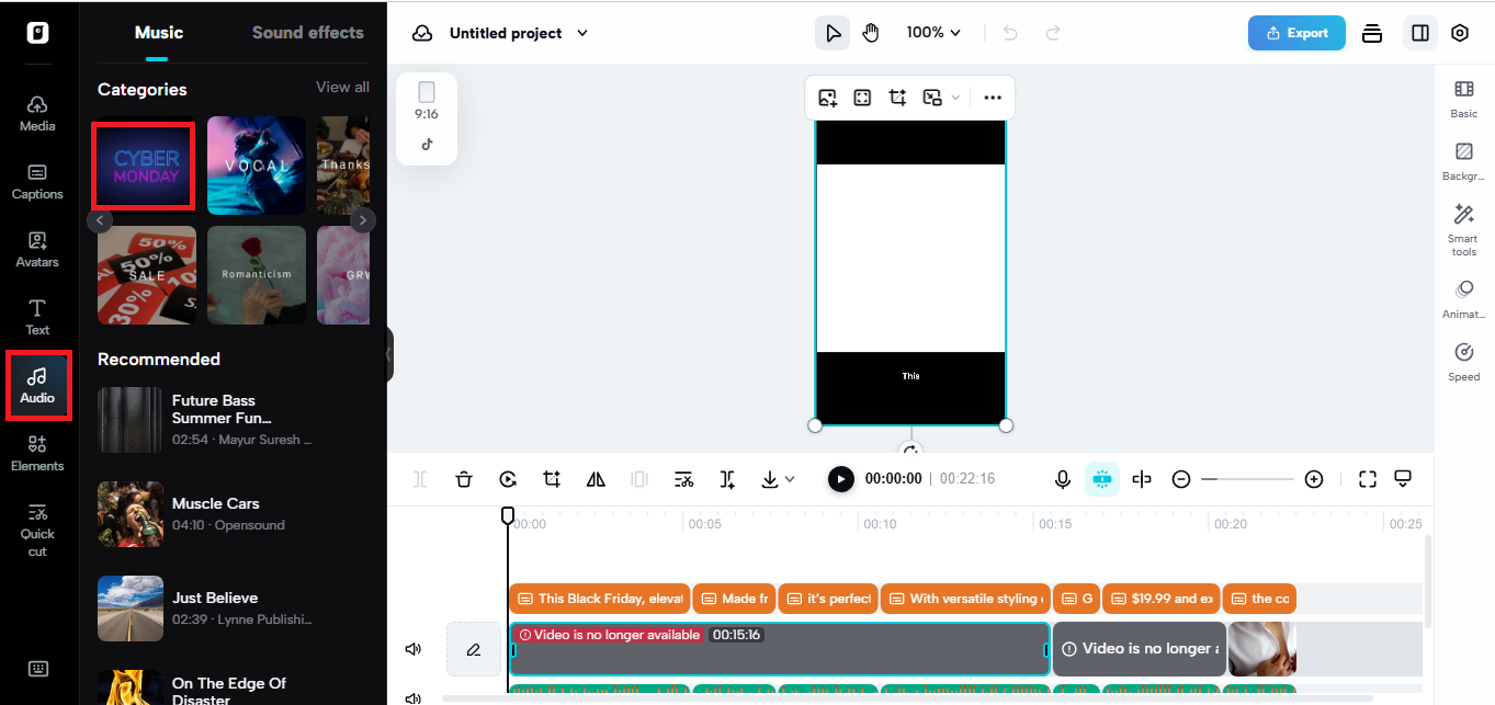 Cyber Monday-themed, pre-cleared audio options on Pippit's video editor