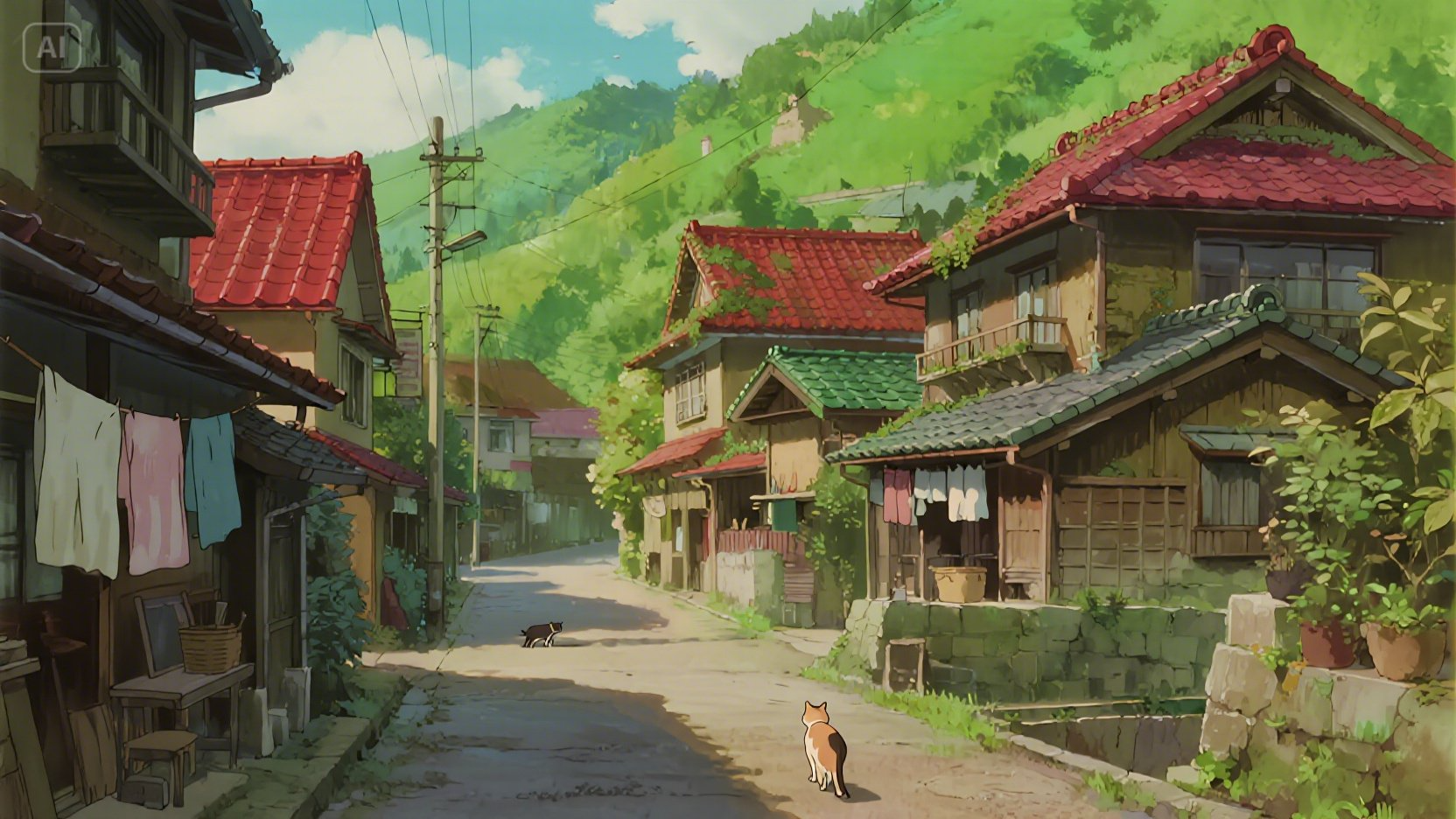 Escena de pueblo: Estilo artístico de Studio Ghibli AI