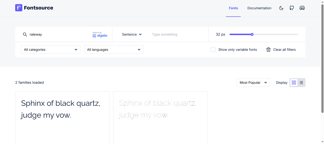 Interface of Fontsource - a reliable tool to download the Raleway font