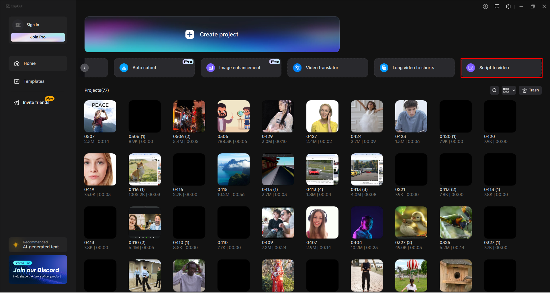 Accessing the script to video feature in the CapCut desktop video editor
