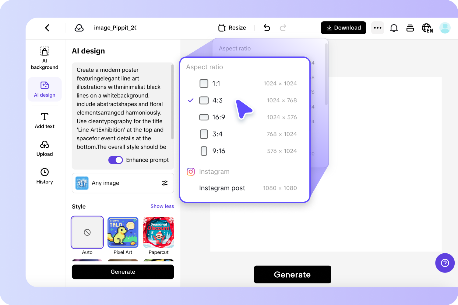 Enter prompt and resize