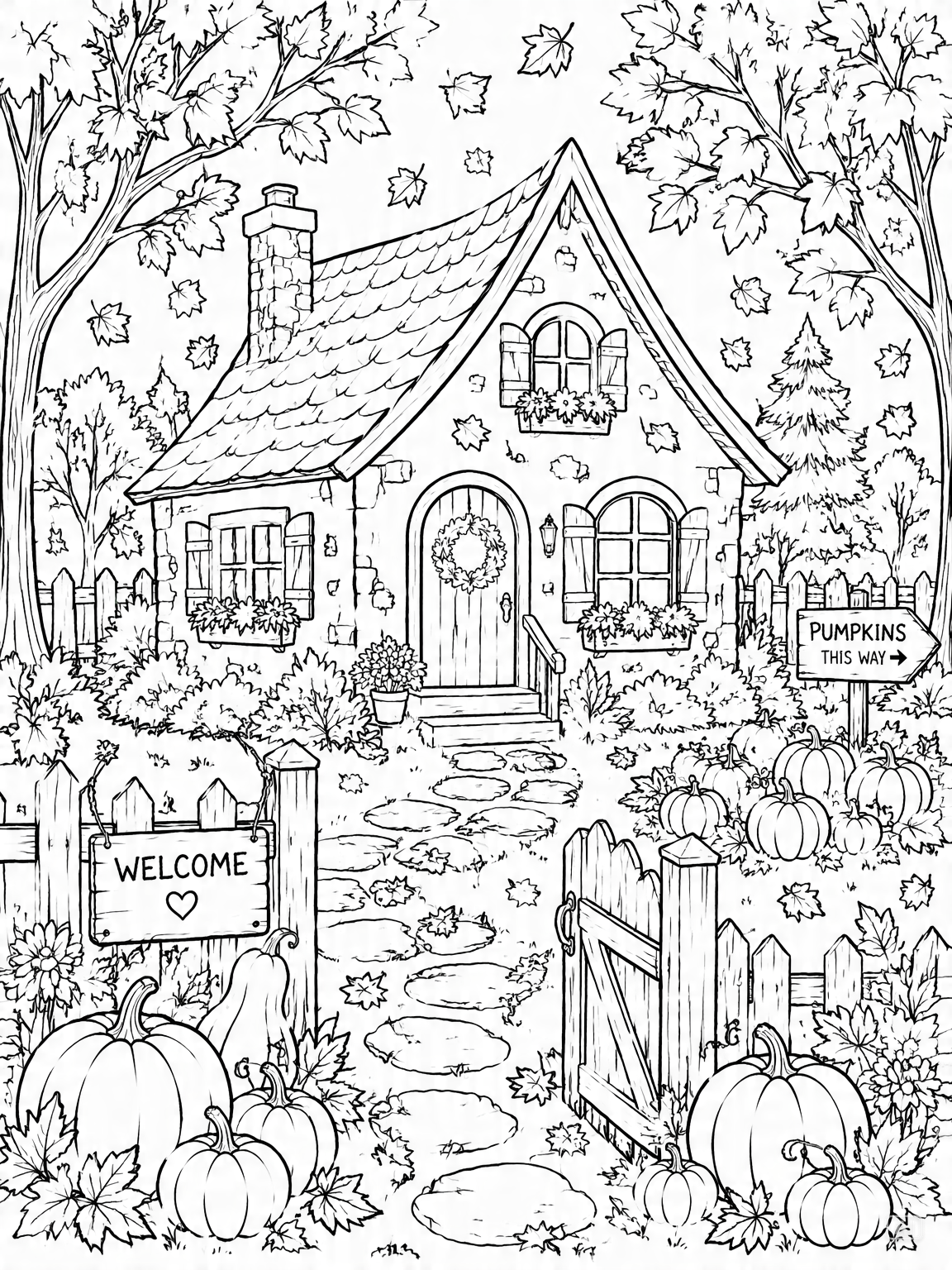 Autumn scene coloring page generated by Pippit