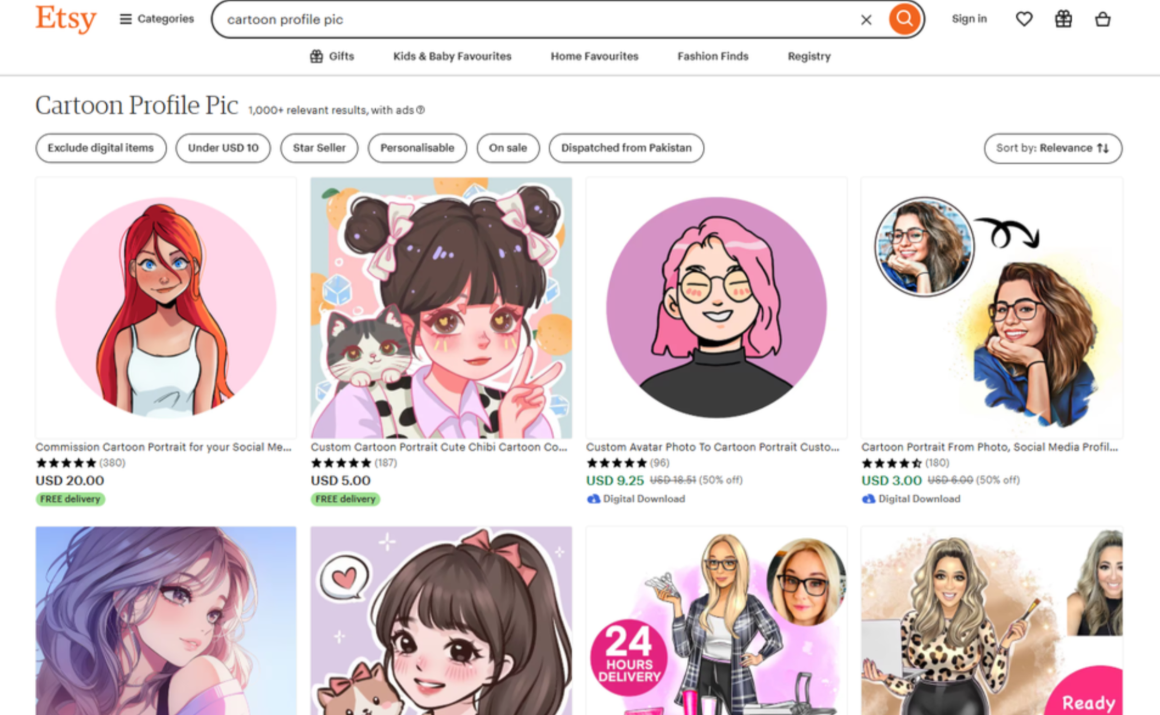 Interface of Etsy - a paid tool to find cartoon profile pictures for Instagram