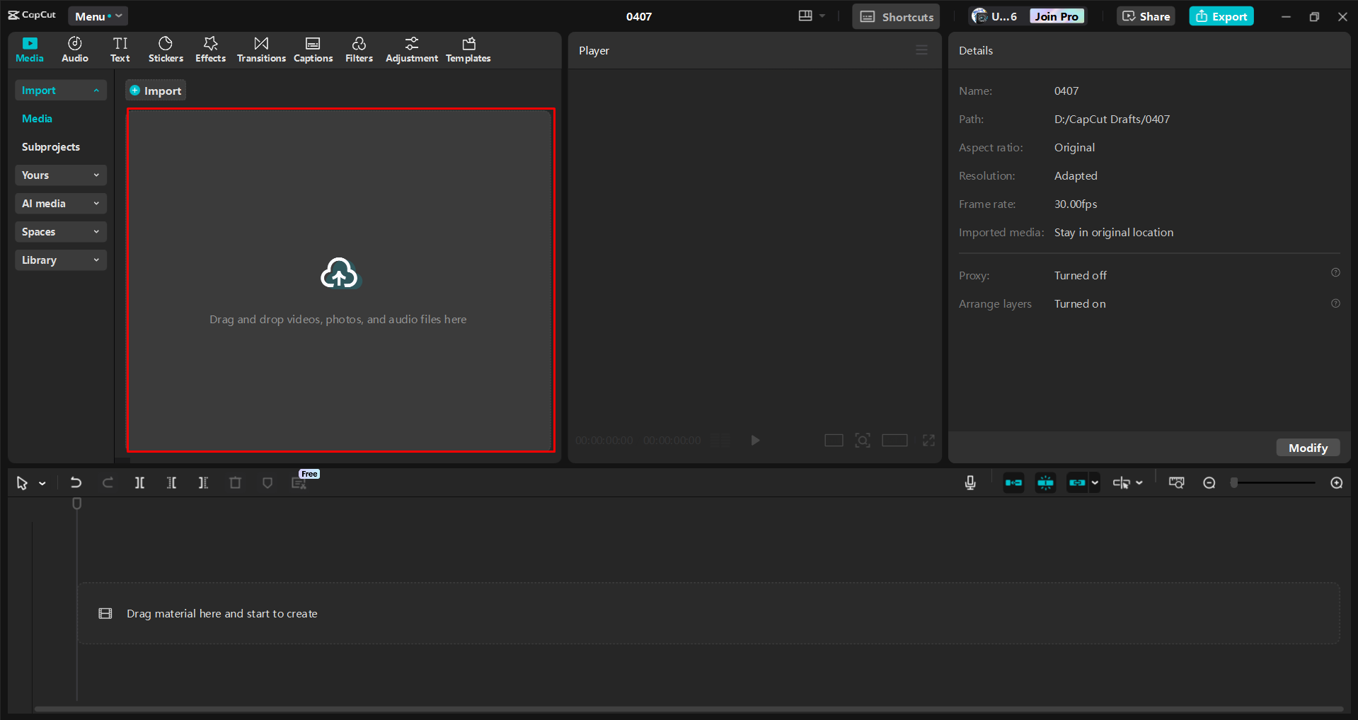 Importieren eines Videos in den CapCut Desktop-Video-Editor