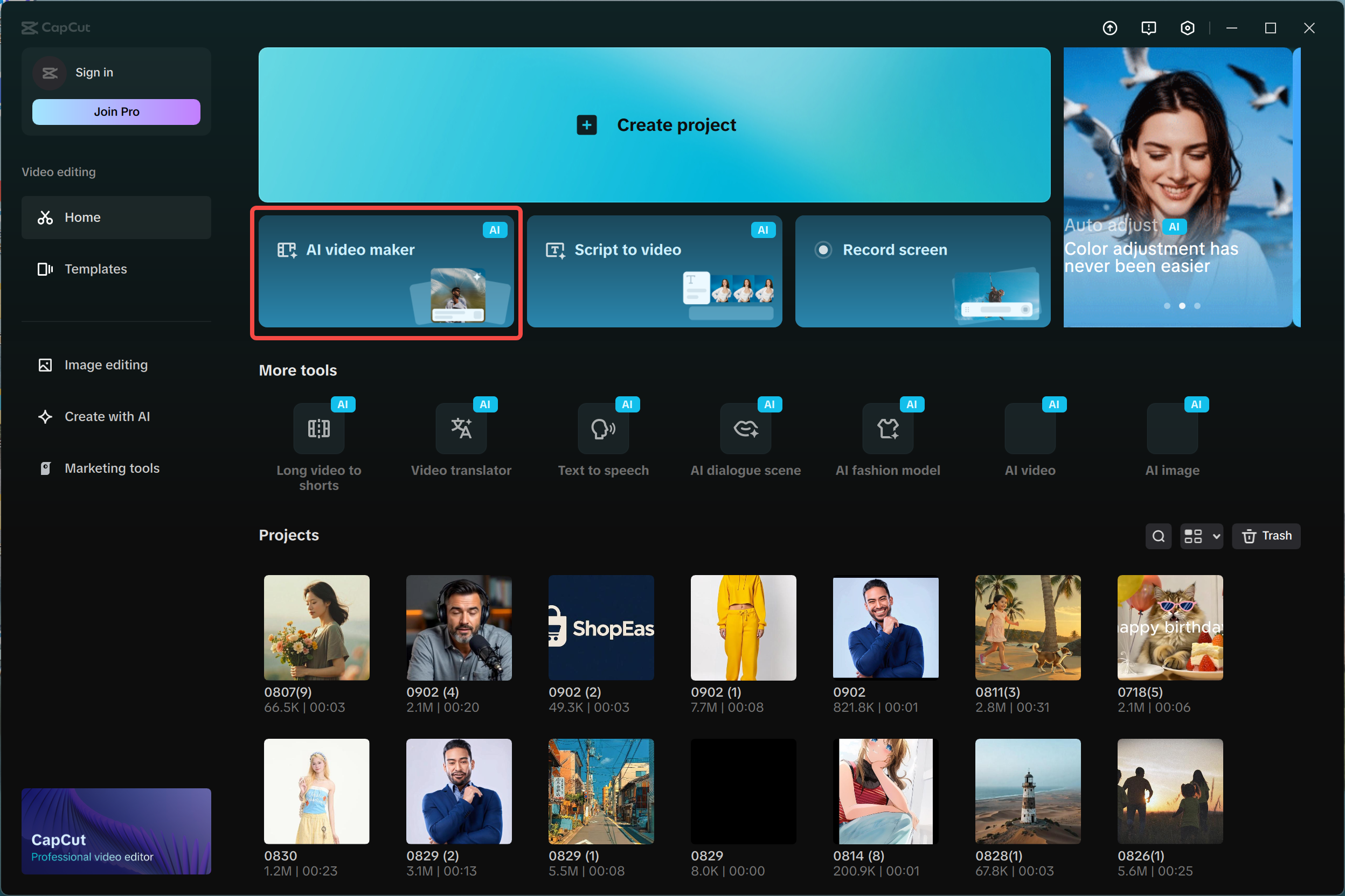 Accessing the AI video maker in CapCut