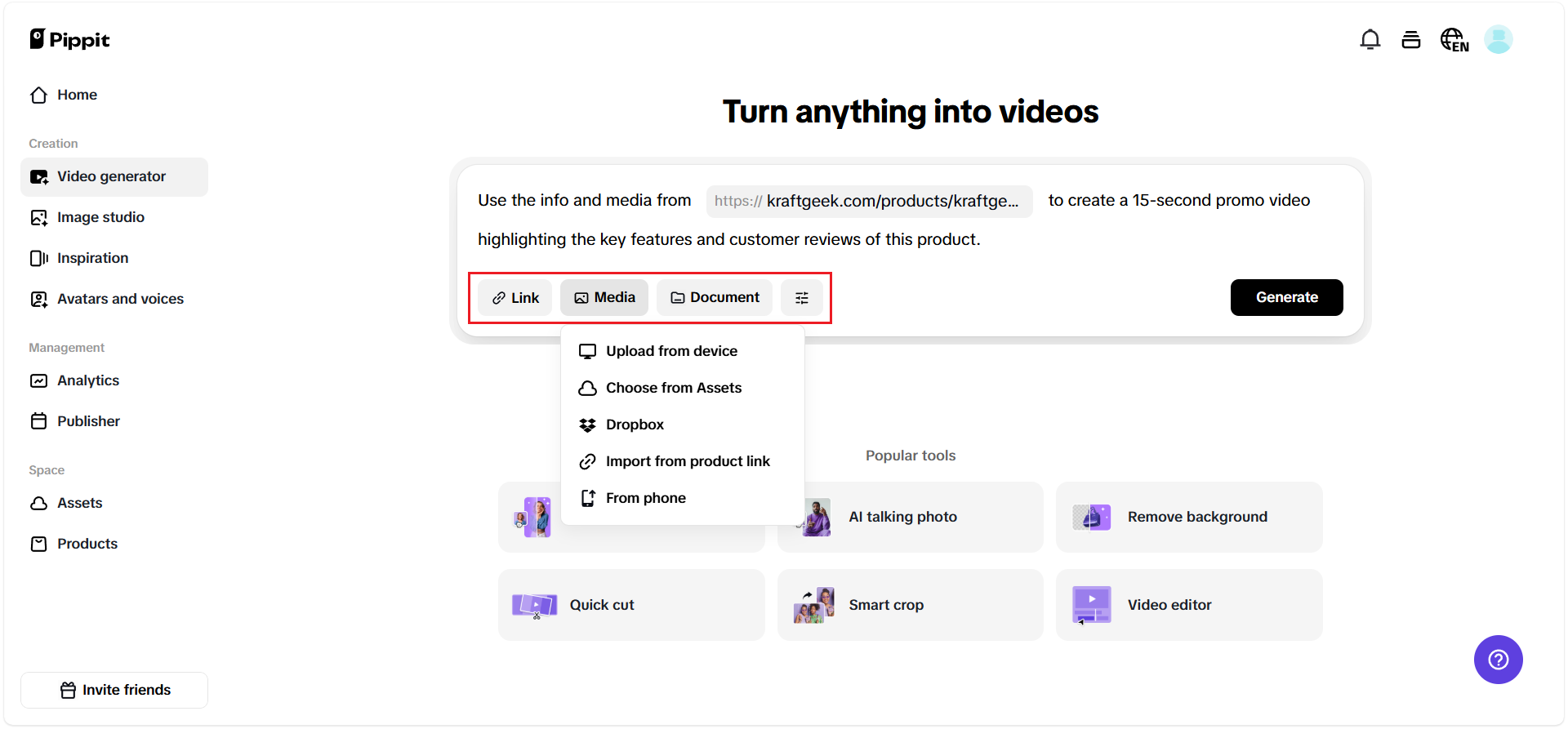 Pagbubukas ng video generator sa Pippit