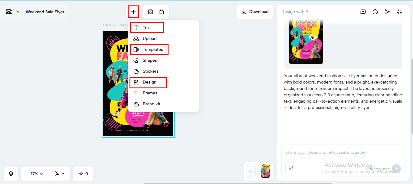 Selecting a flyer template, editing text, and designing elements on the CapCut desktop video editor