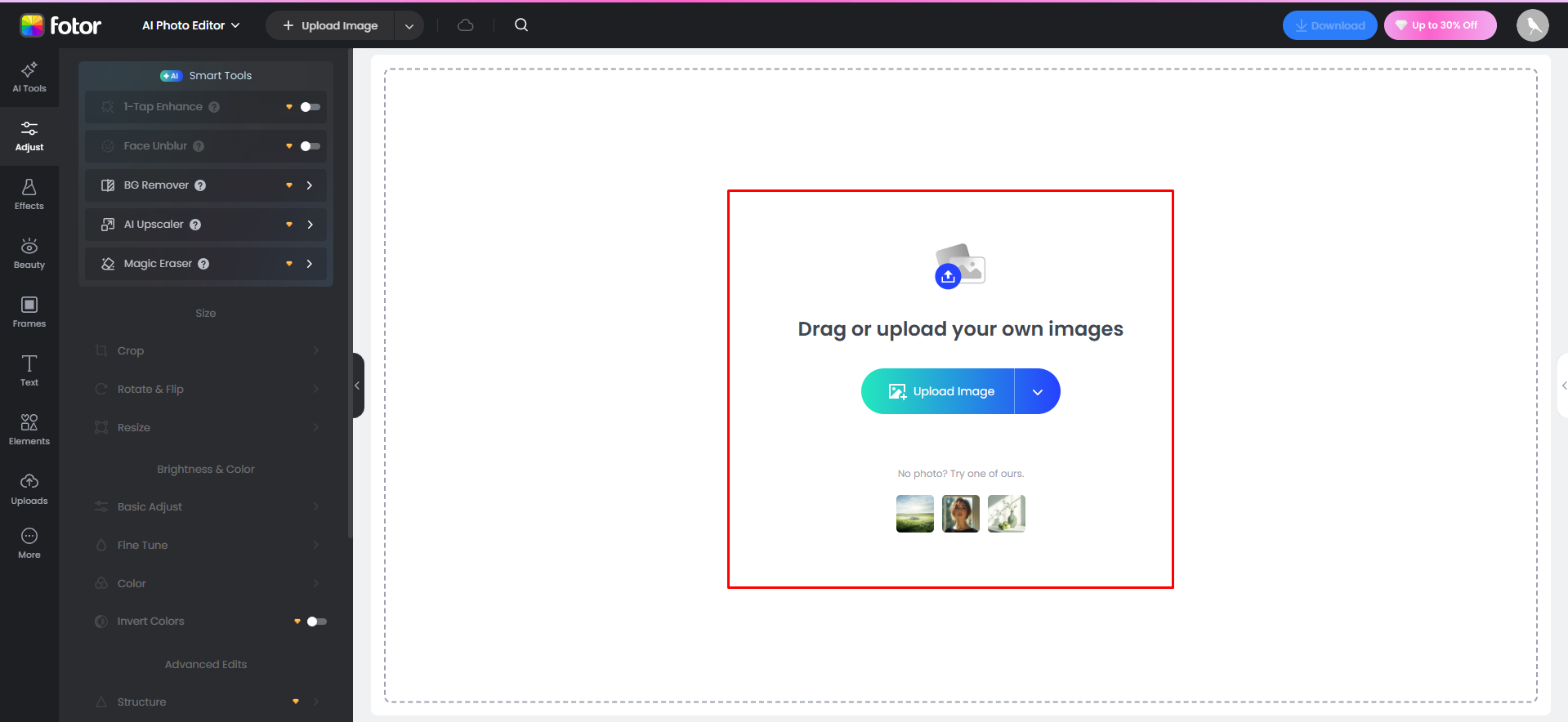 Uploading an image to Fotor