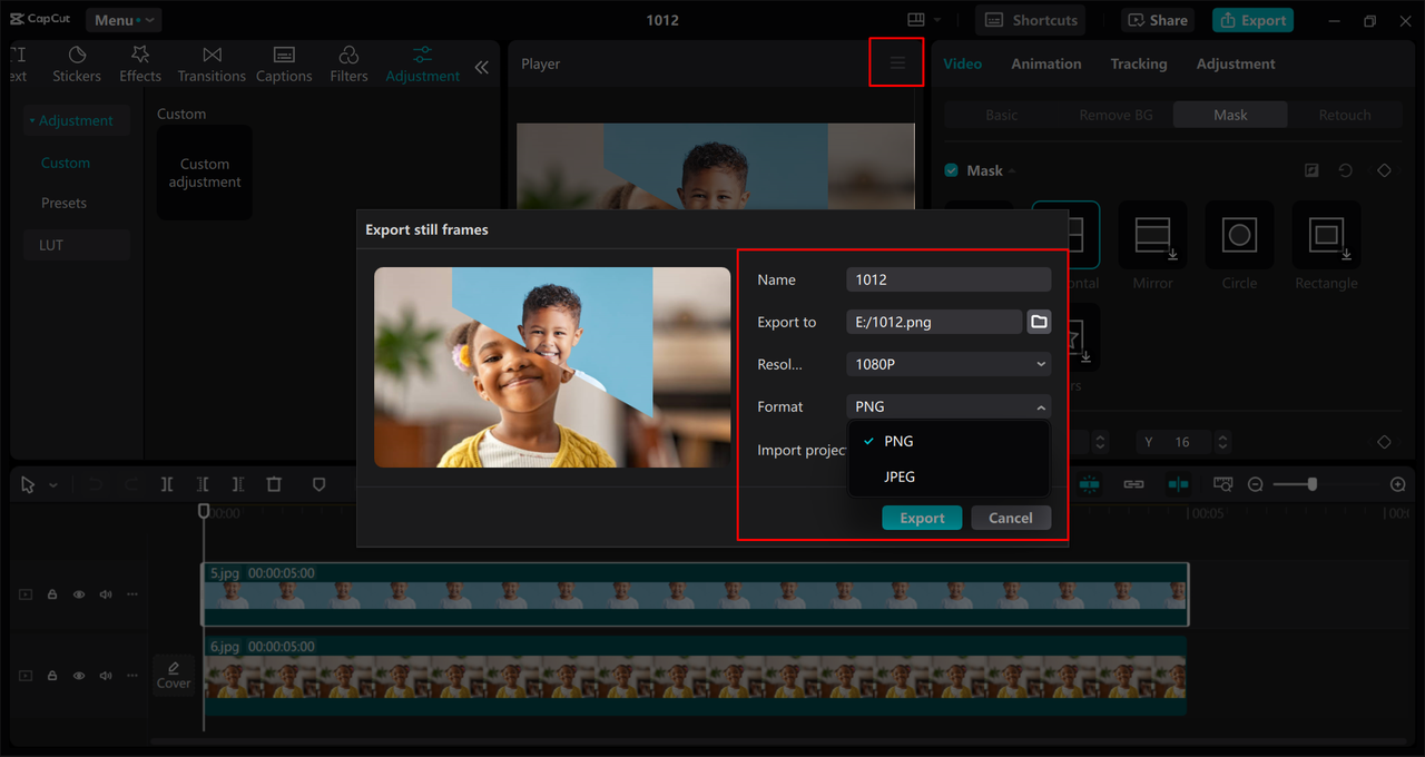 Esportazione di immagini cucite dall' CapCut editor video desktop