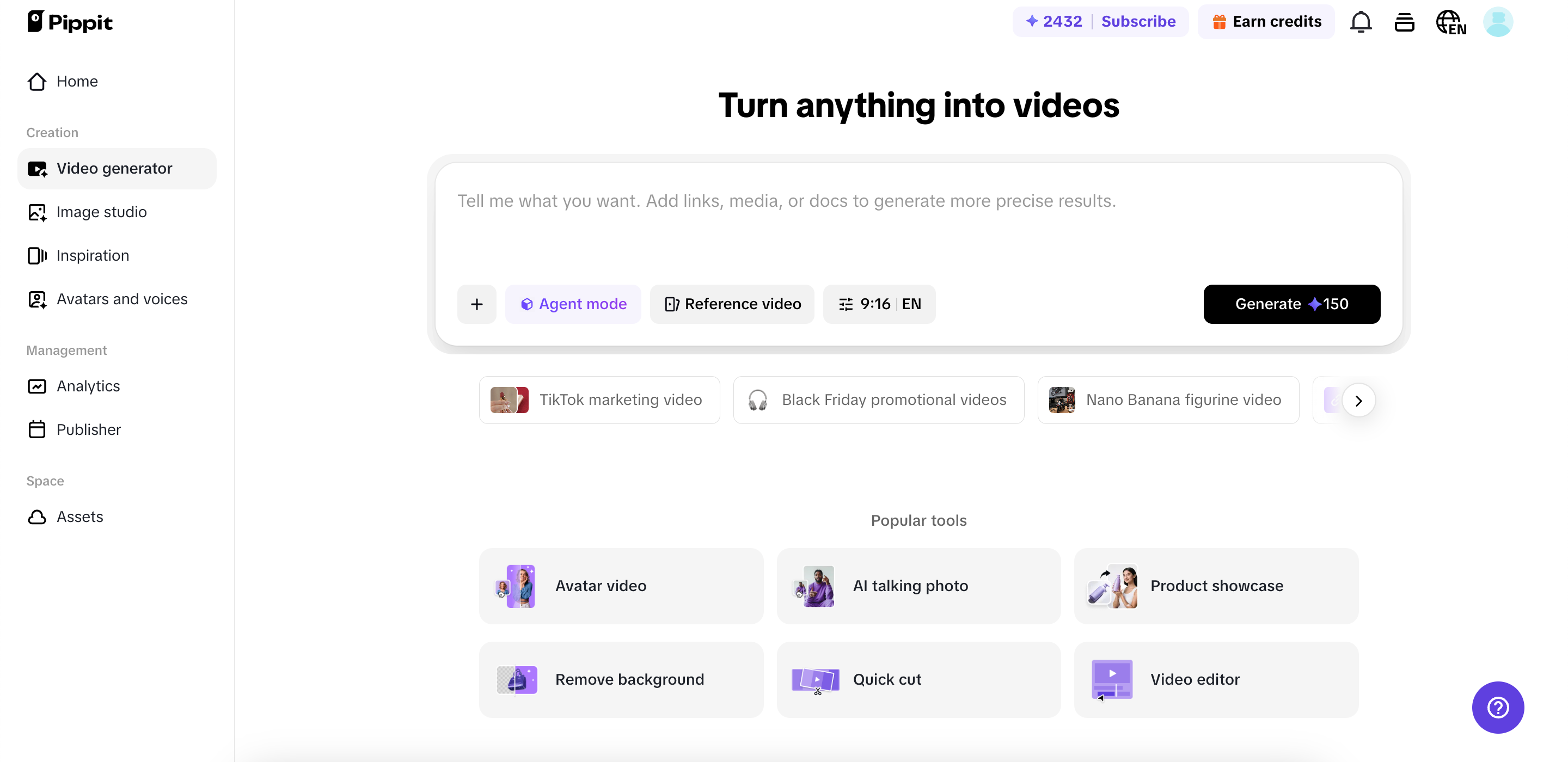 Abrindo o gerador de vídeo no Pippit