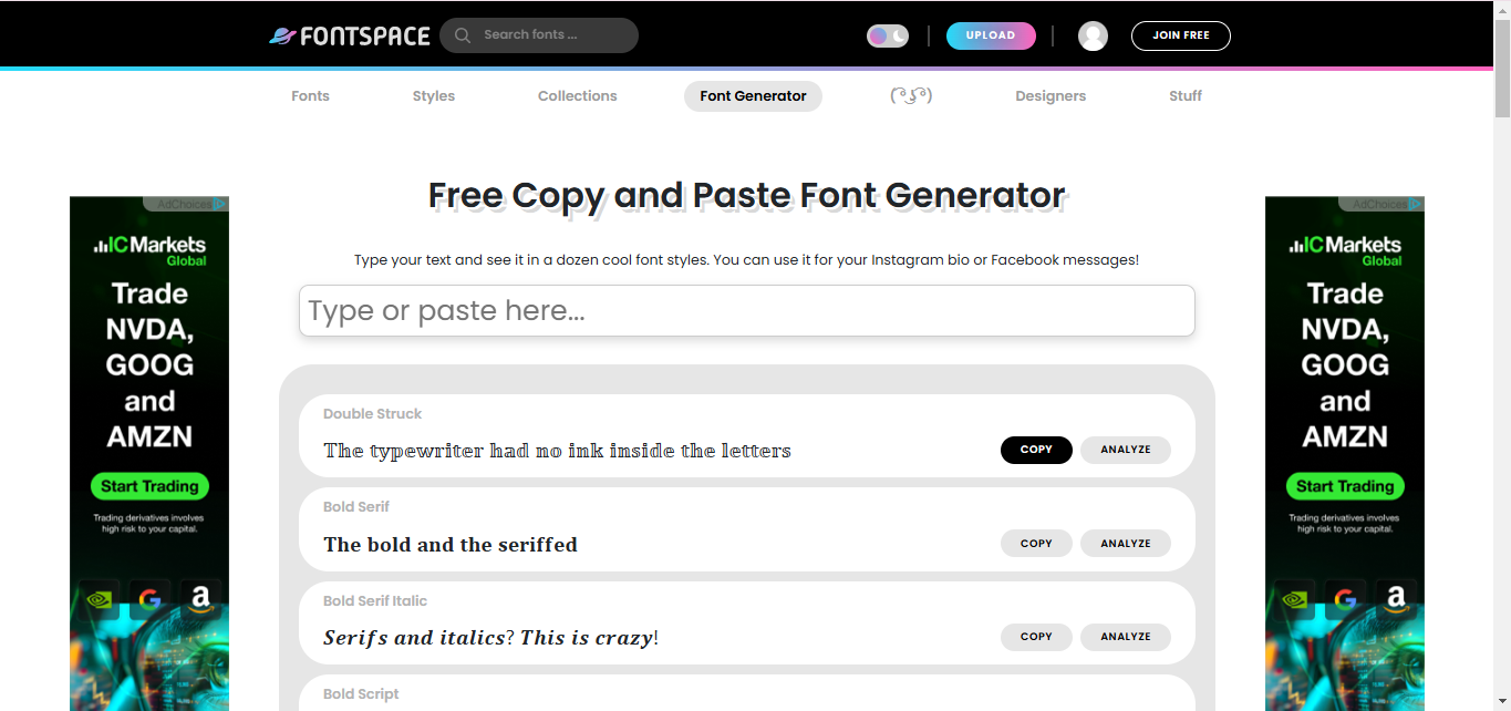 Interface of FontSpace - the ideal platform to get fancy text writing