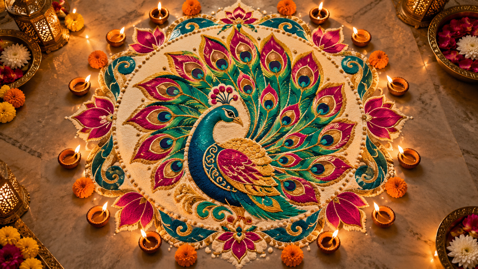 Diwali rangoli design prompts: Peacock Rangoli