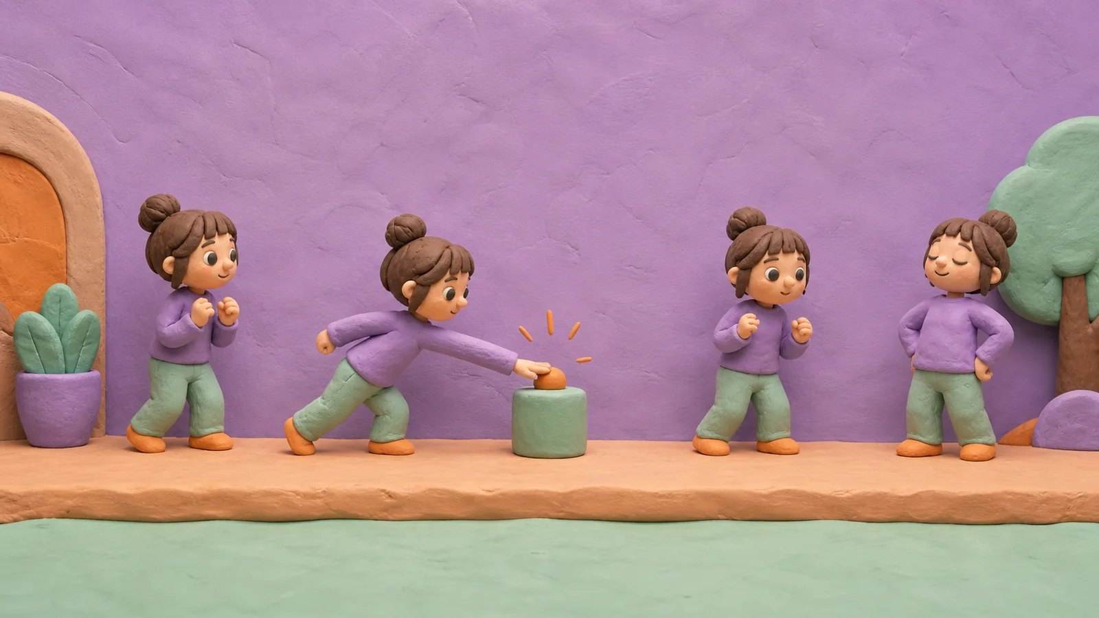 Clay figures of a girl stepping to press a button while three others stand nearby