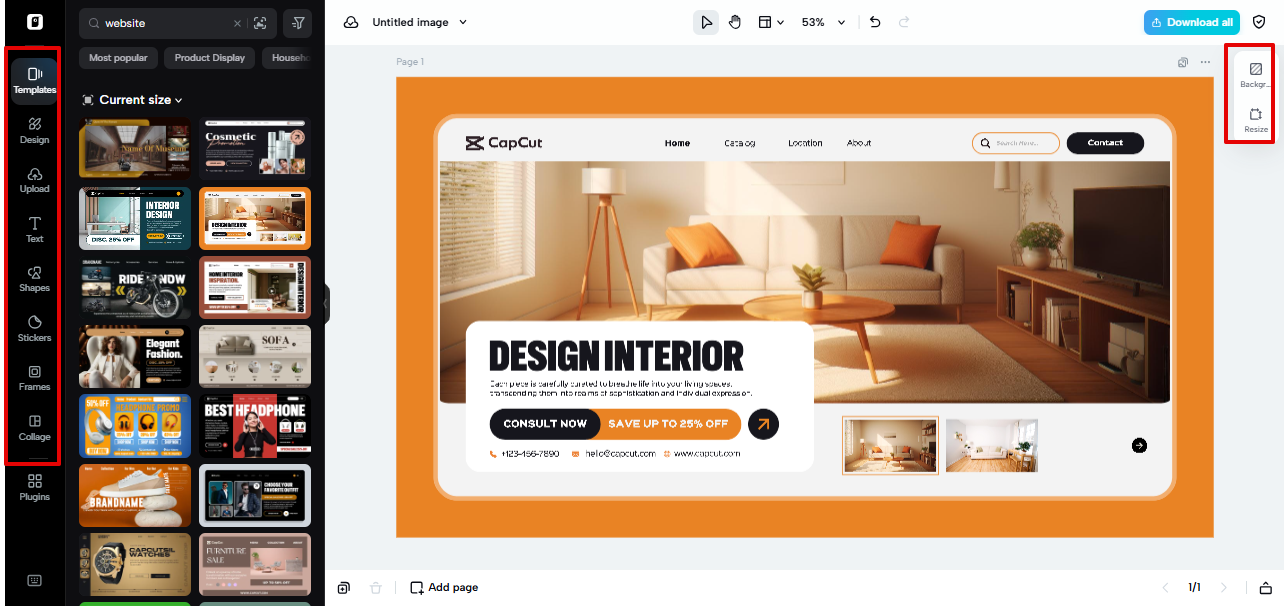 Creating the web design layout in Pippit