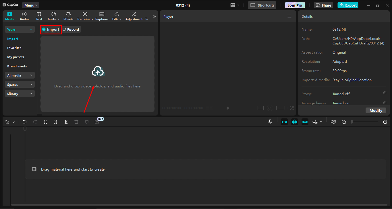 Uploading video to the CapCut desktop video editor
