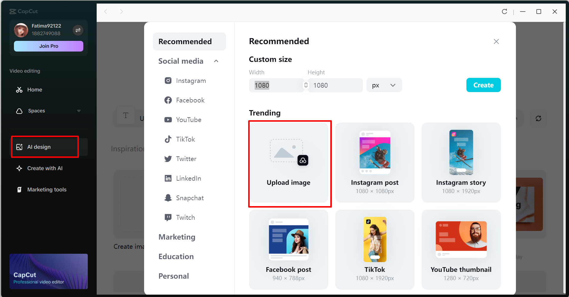 Uploading an image in the CapCut desktop video editor.