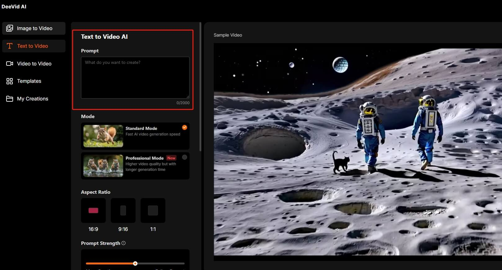 Interface of DeeVid AI - one of the best free AI video generators from text prompts