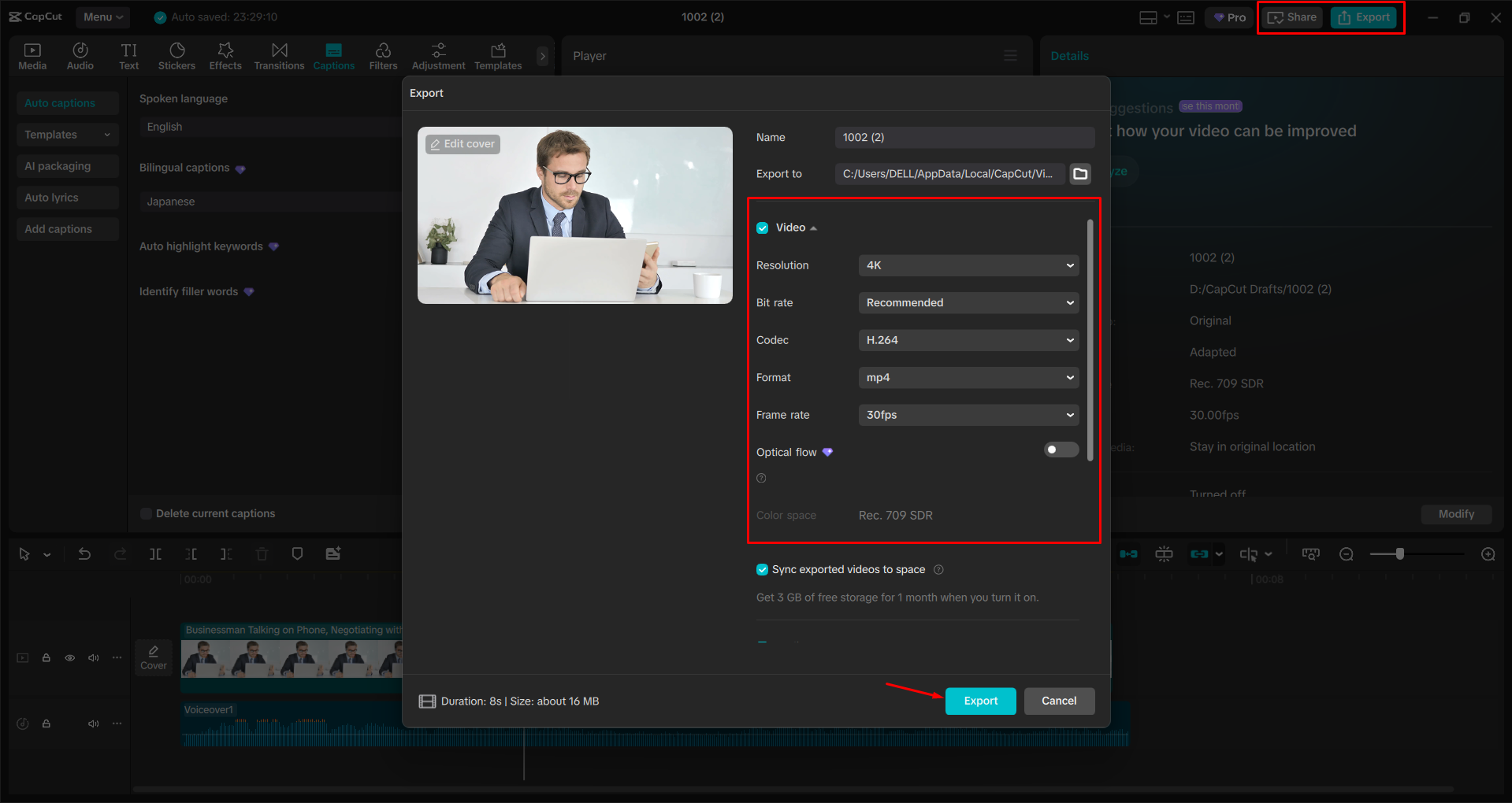 Exporting a video from the CapCut desktop video editor
