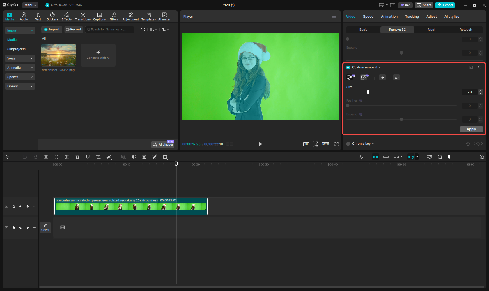 Remove green screen using custom removal in CapCut