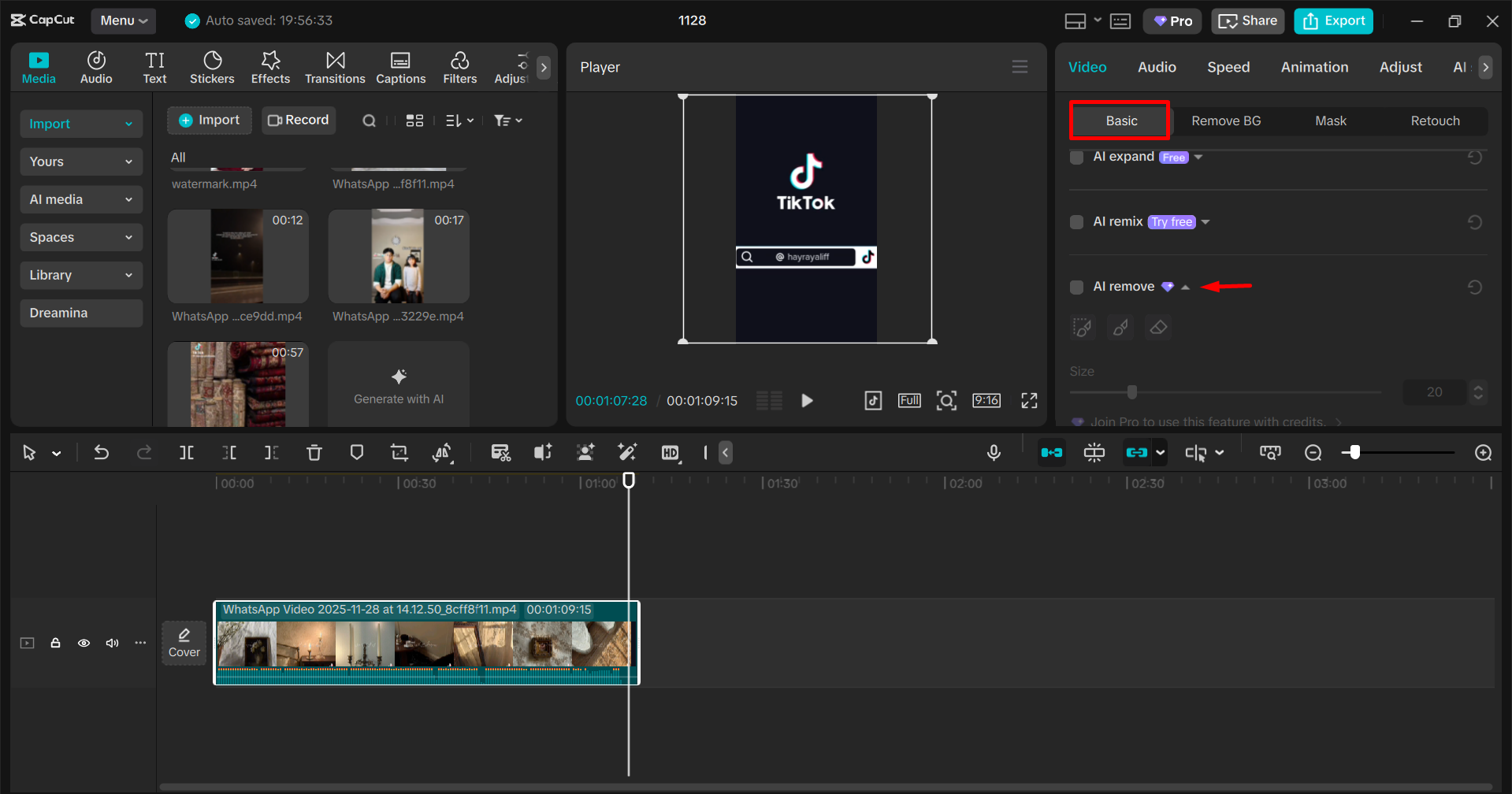 Opening AI removal tool in CapCut PC