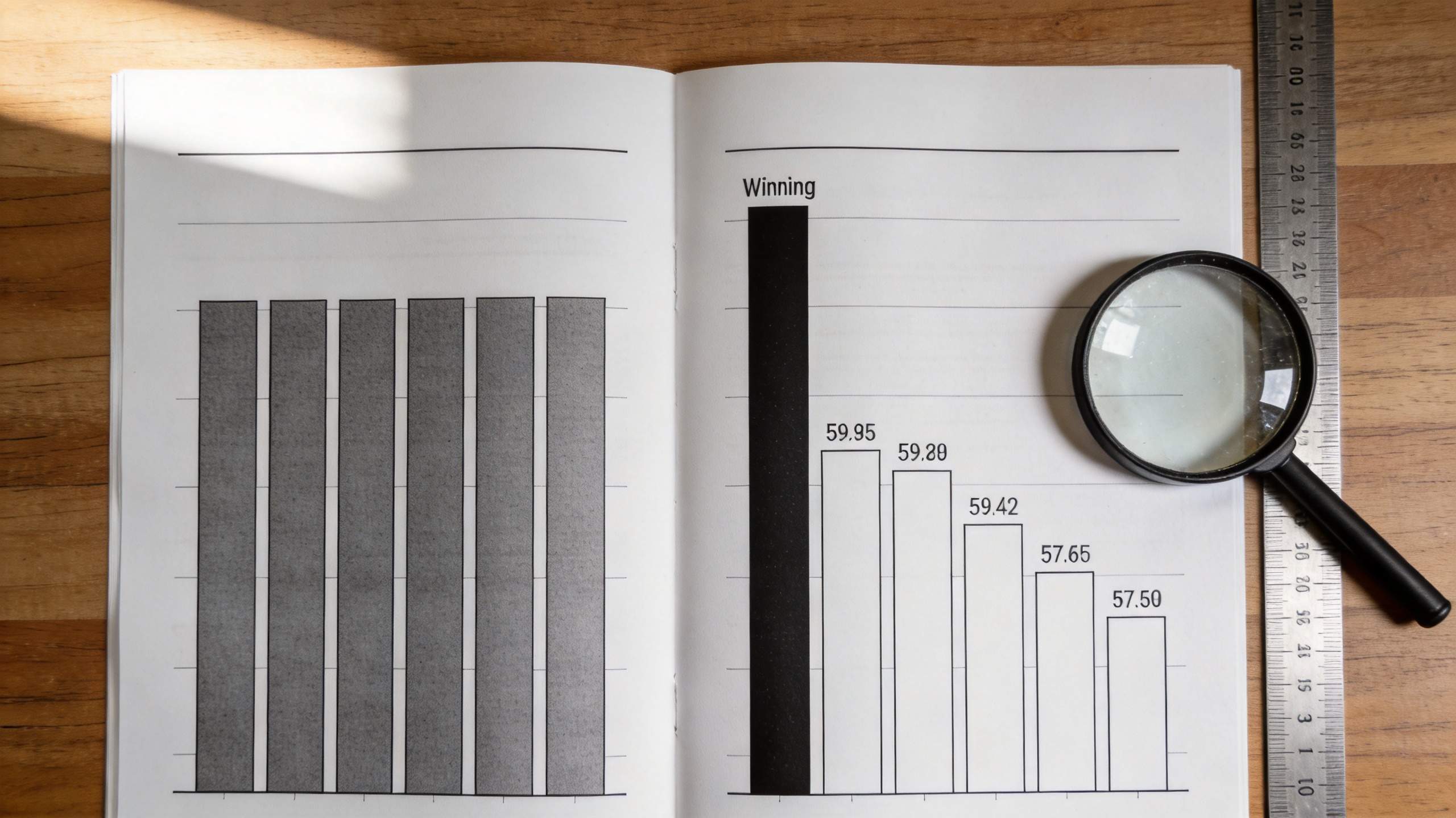 Open notebook with grayscale bar charts, a magnifying glass, and a ruler on a wooden table