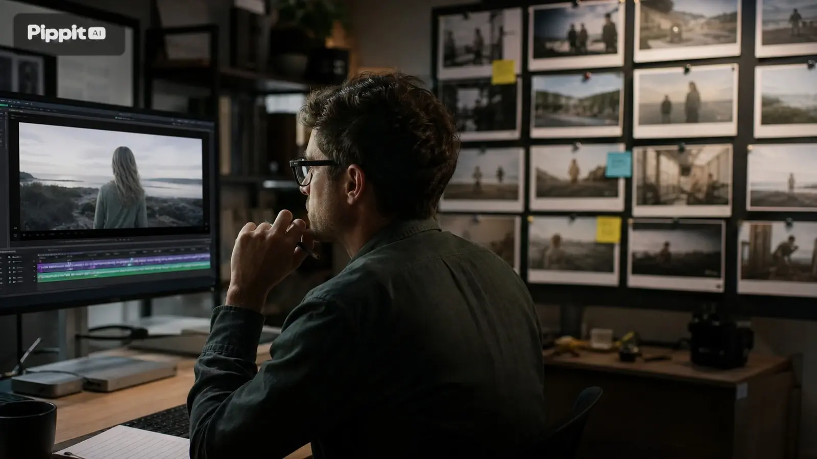 Editor video yang mempelajari klip referensi di samping garis waktu pada monitor desktop.