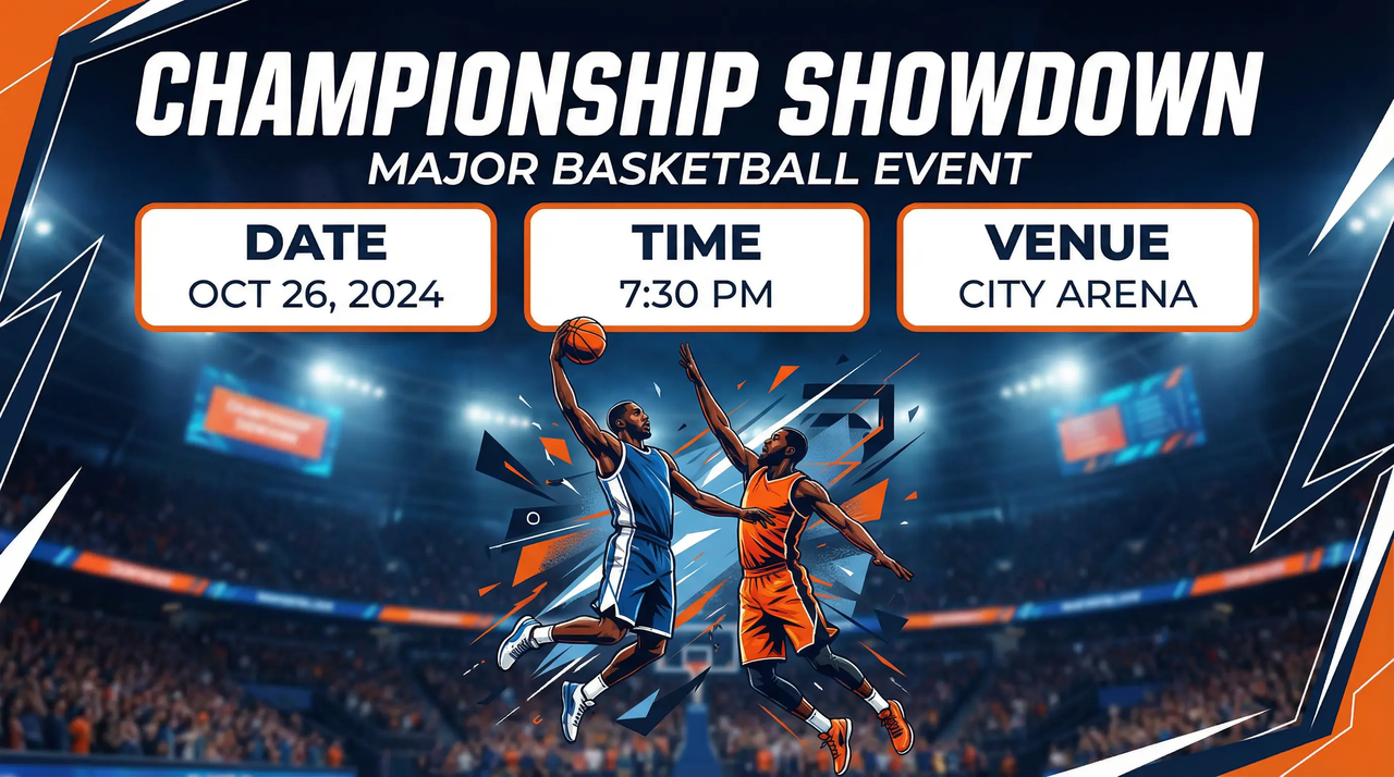 โปสเตอร์เกมบาสเกตบอลที่แสดงวันที่และทีม