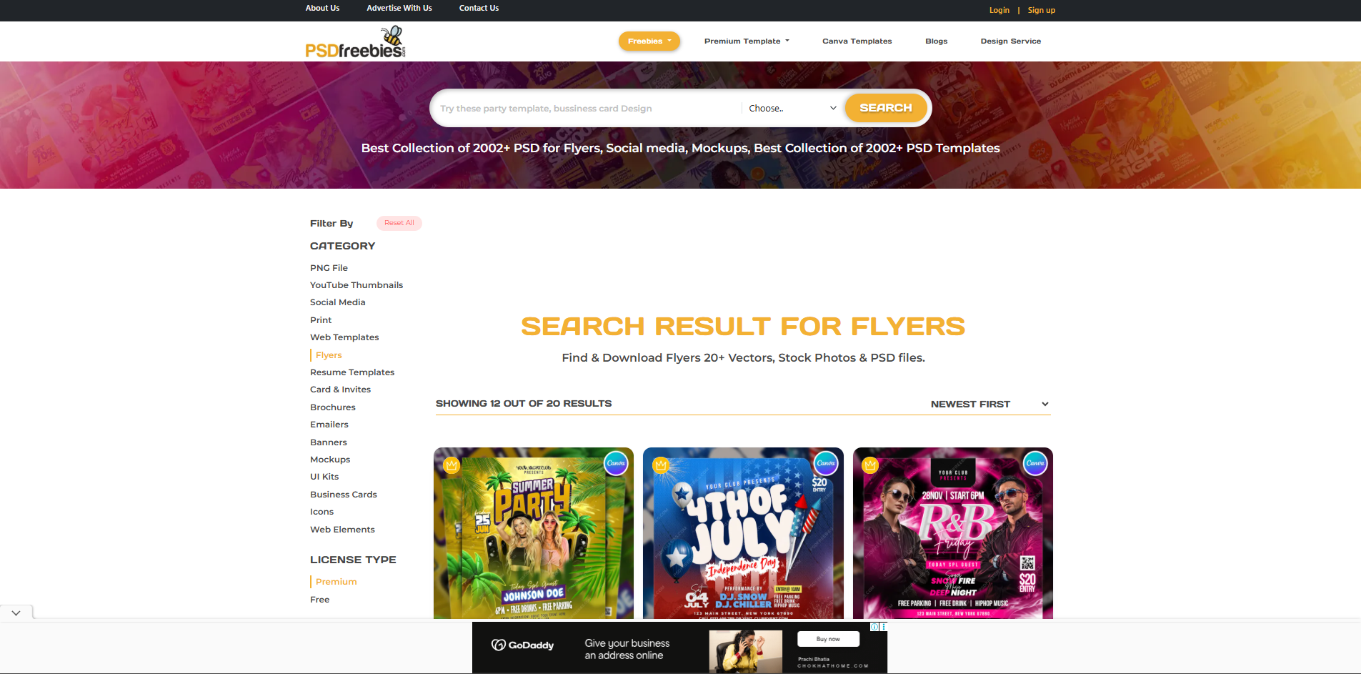 Interface of PSD Freebies - another tool to get free party flyer templates
