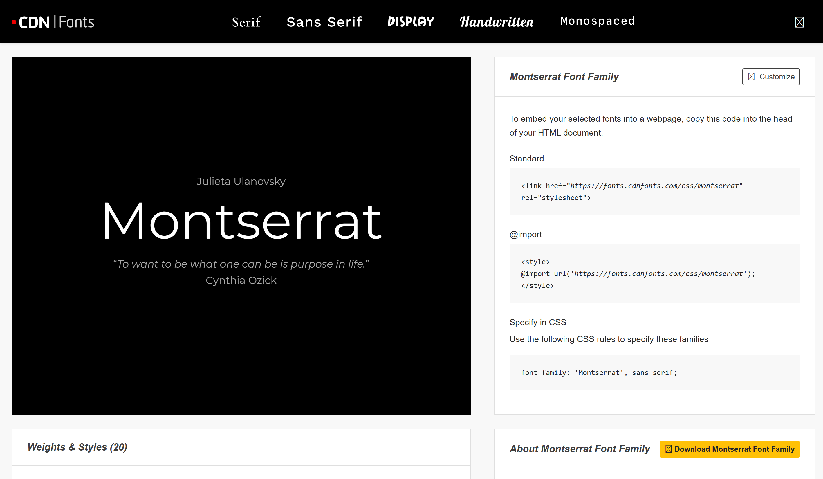 Інтерфейс CDN Fonts - надійна платформа для отримання світлого шрифту Montserrat