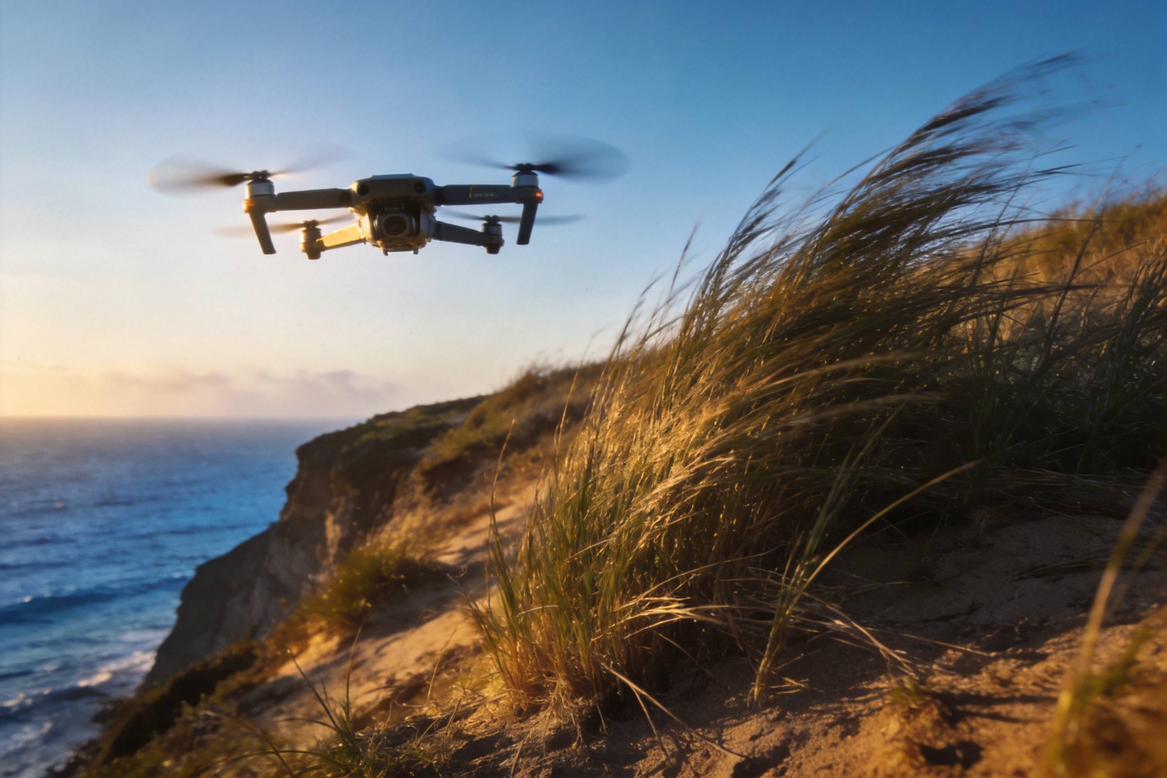 Drone flying above a coastal cliff with tall grass and ocean at sunset