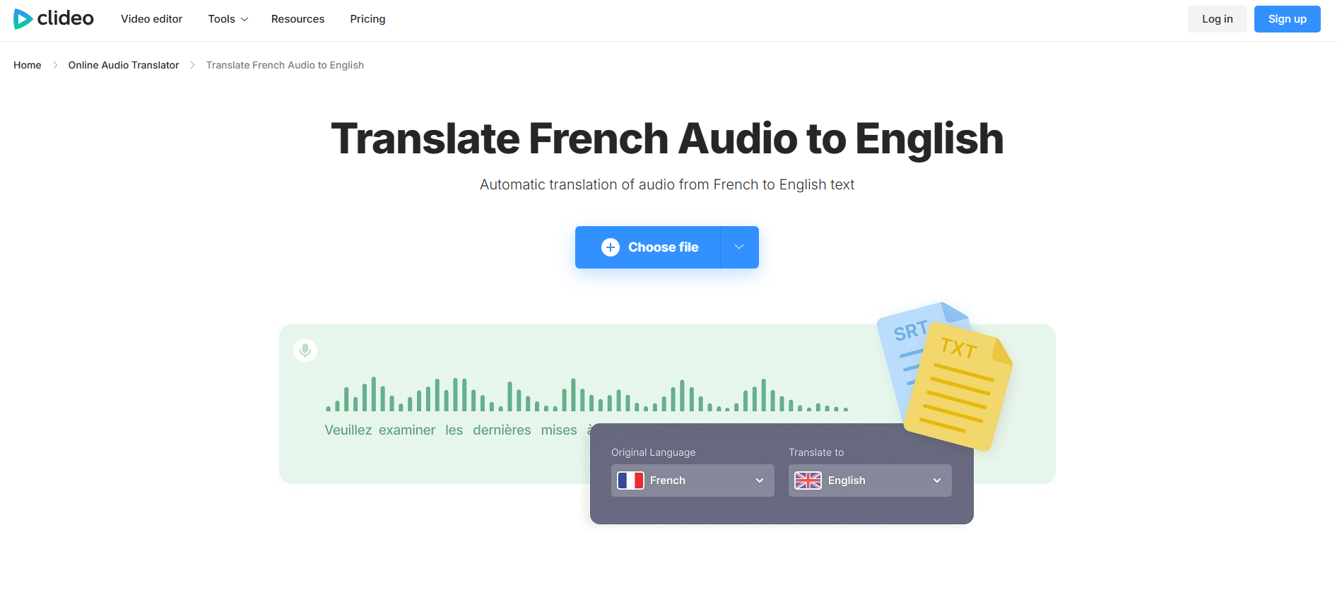 Clideo French to English translator online