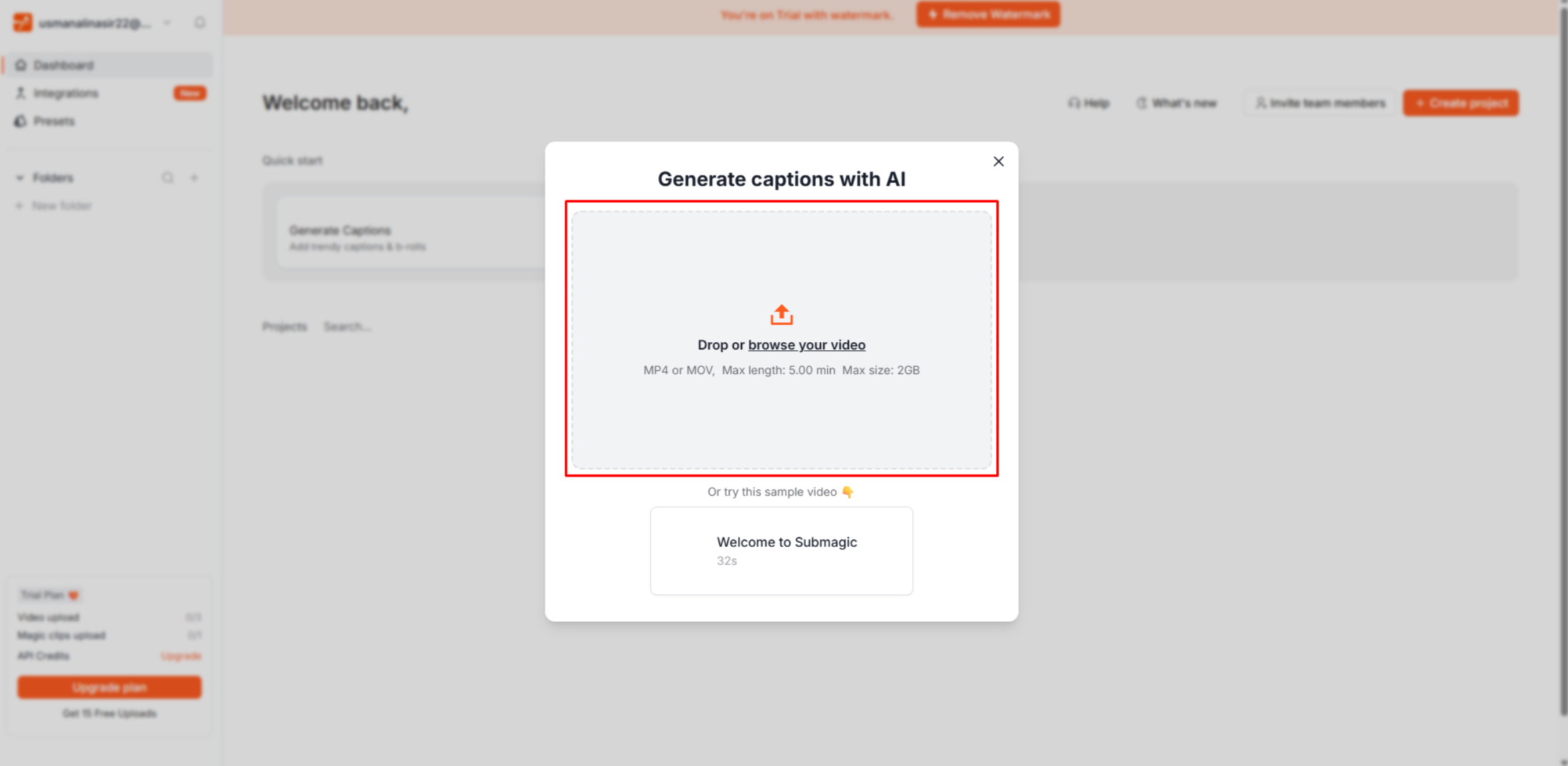 Uploading a video to Submagic AI