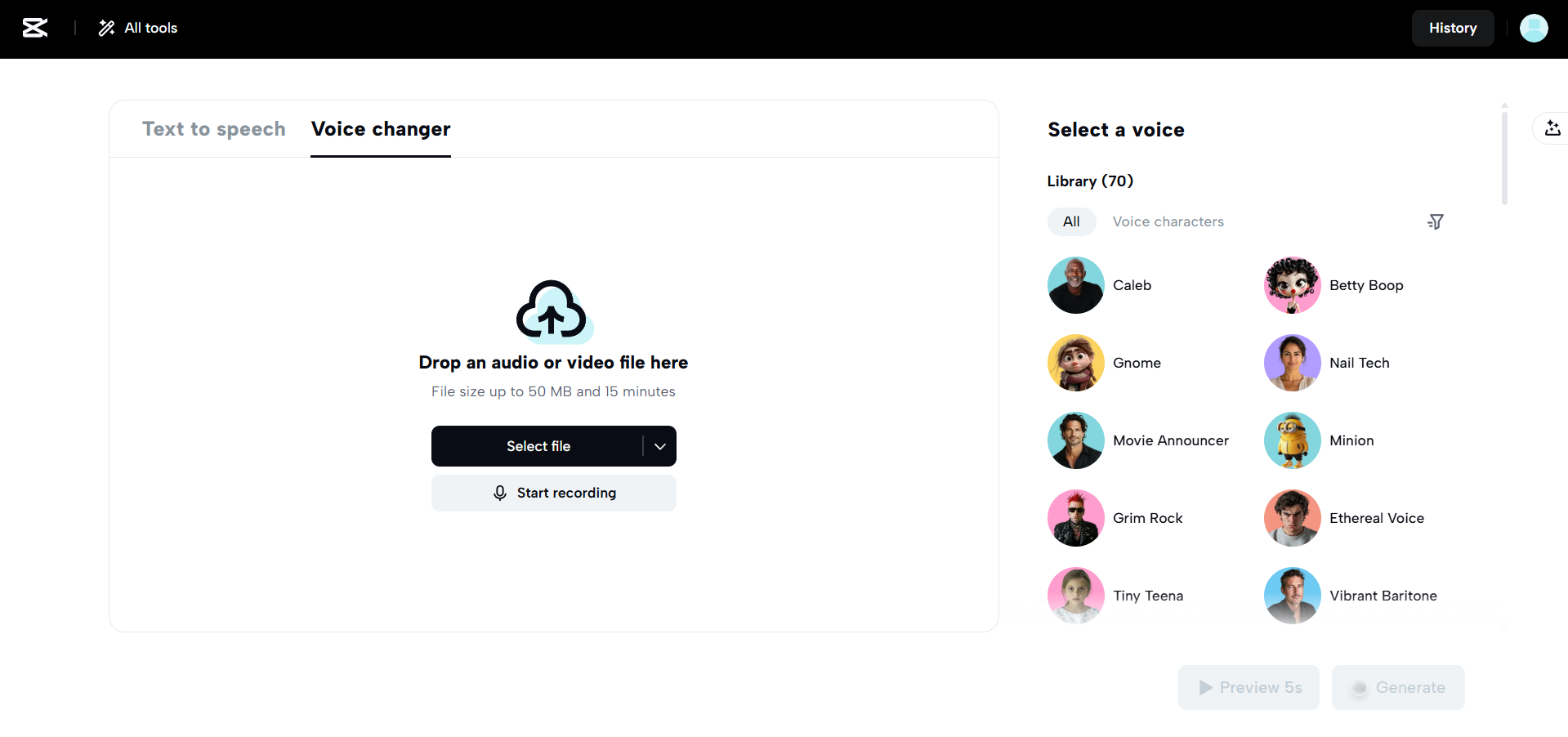 Upload audio or record your voice