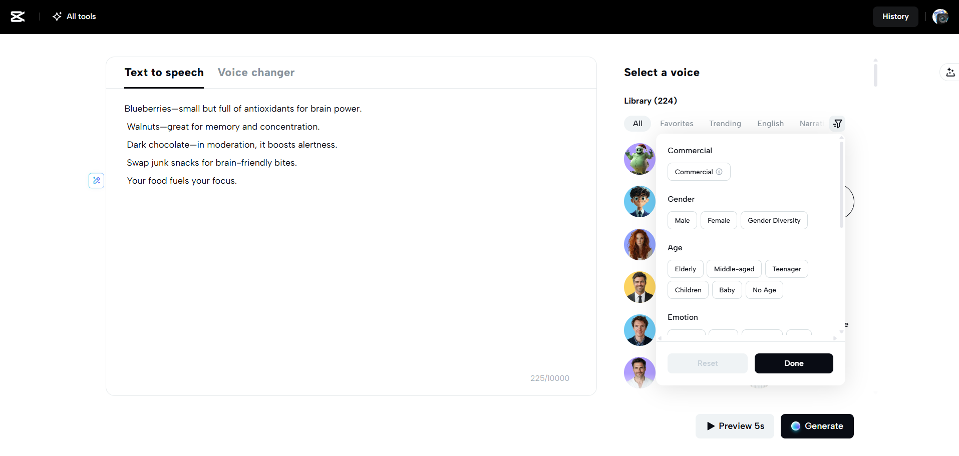 Interface of CapCut Web - an alternative tool to convert text to speech