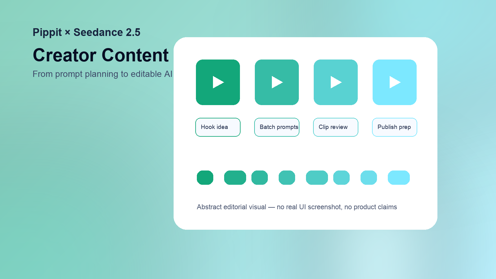 Editorial Seedance 2.5 Seedance 2.5 for content creators workflow scene with abstract prompt cards, generated video frames, timeline blocks, captions, and social output tiles without real UI text