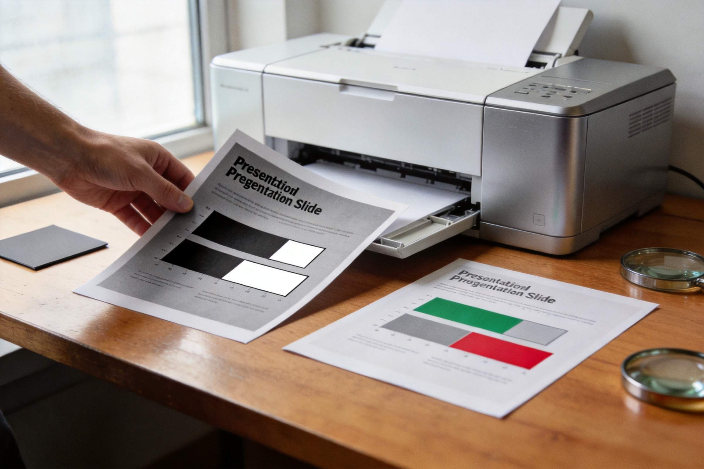 Hand holding a black-and-white presentation slide beside a printer with a color version on the desk