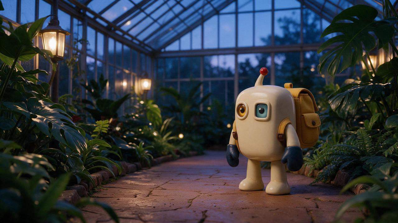 Hasil Dreamina referensi tunggal dengan robot di konservatori yang dihasilkan berbeda