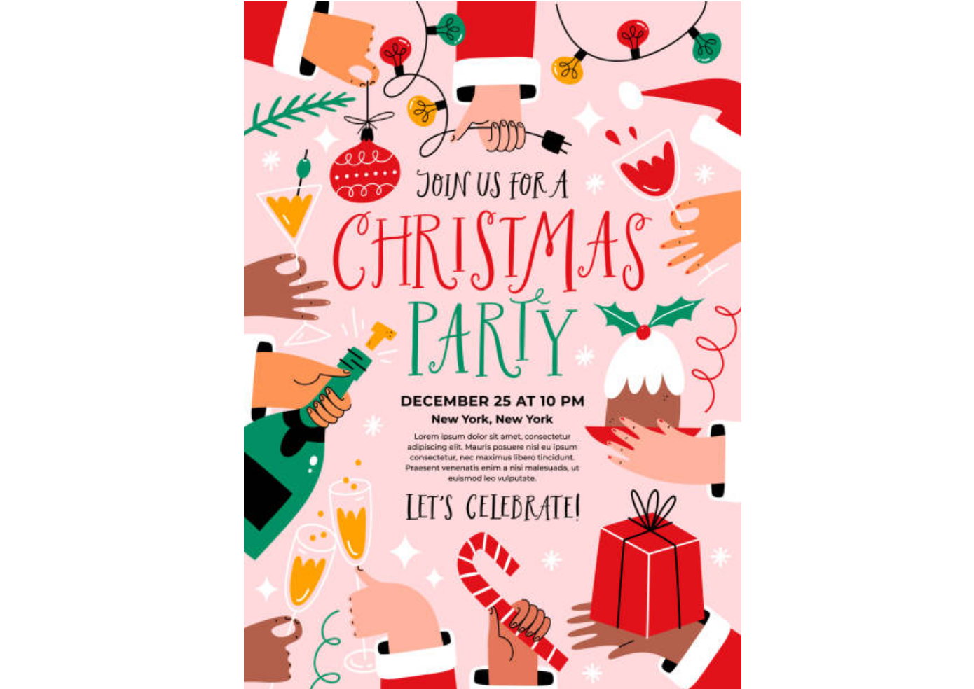 Christmas party poster with event details and festive icons