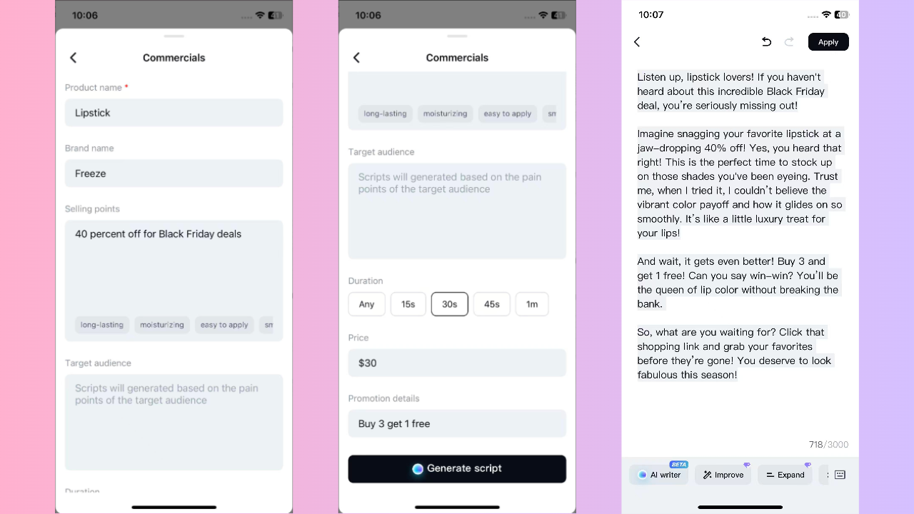 Choose AI writer to generate script