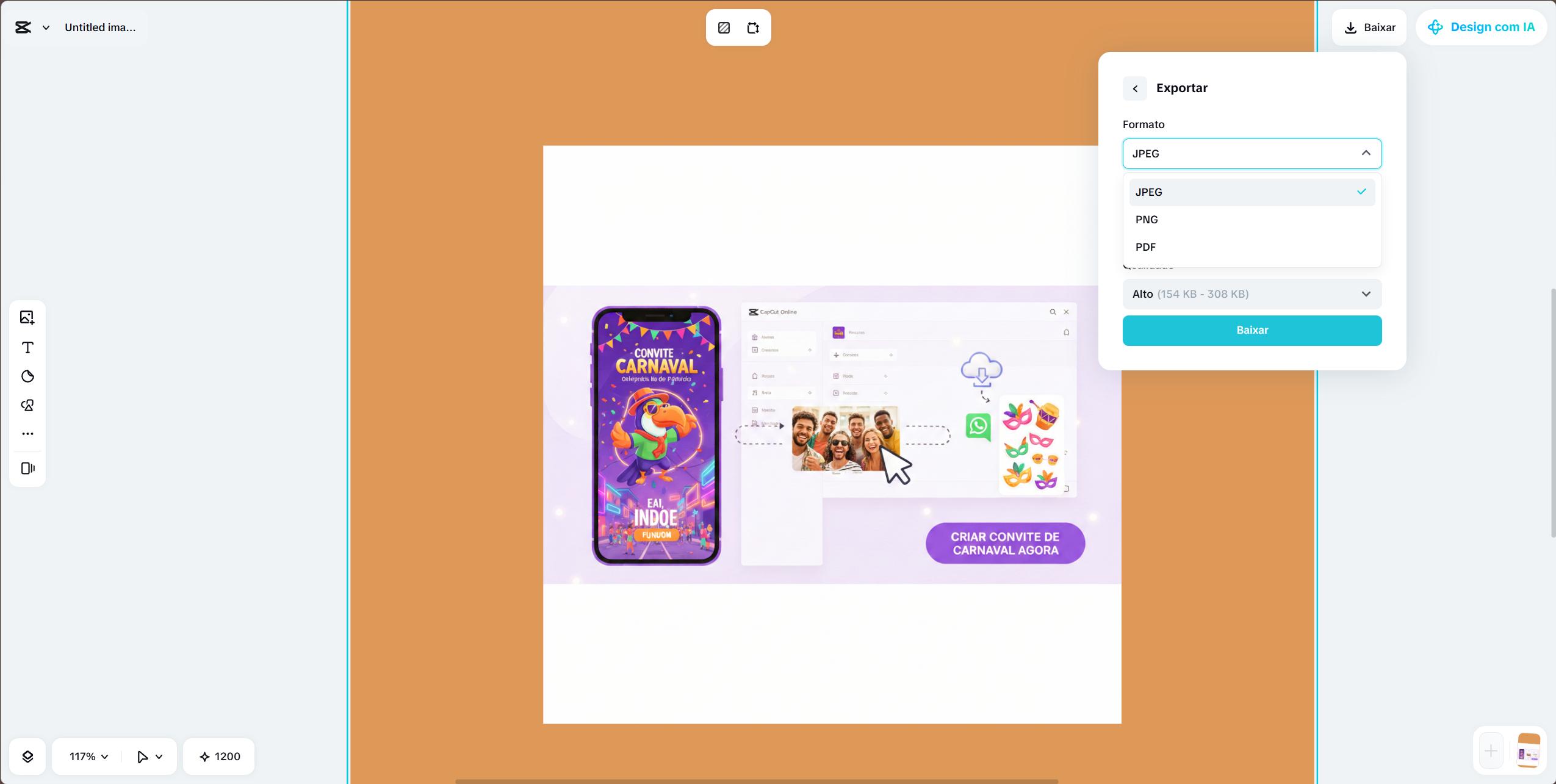 Configurações de exportação para PNG e JPEG no CapCut