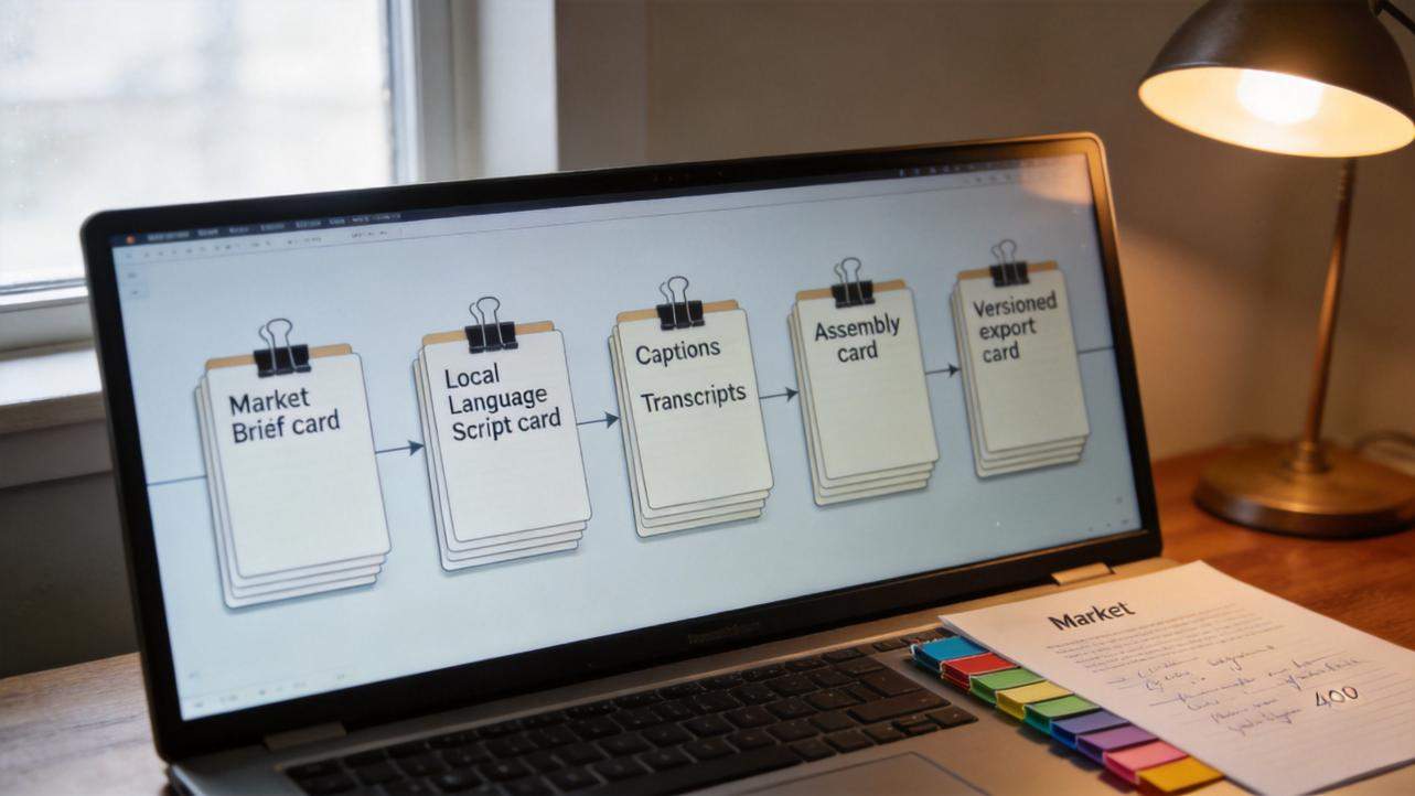 Laptop screen shows a content workflow with cards for market brief, local language script, captions, assembly, and export