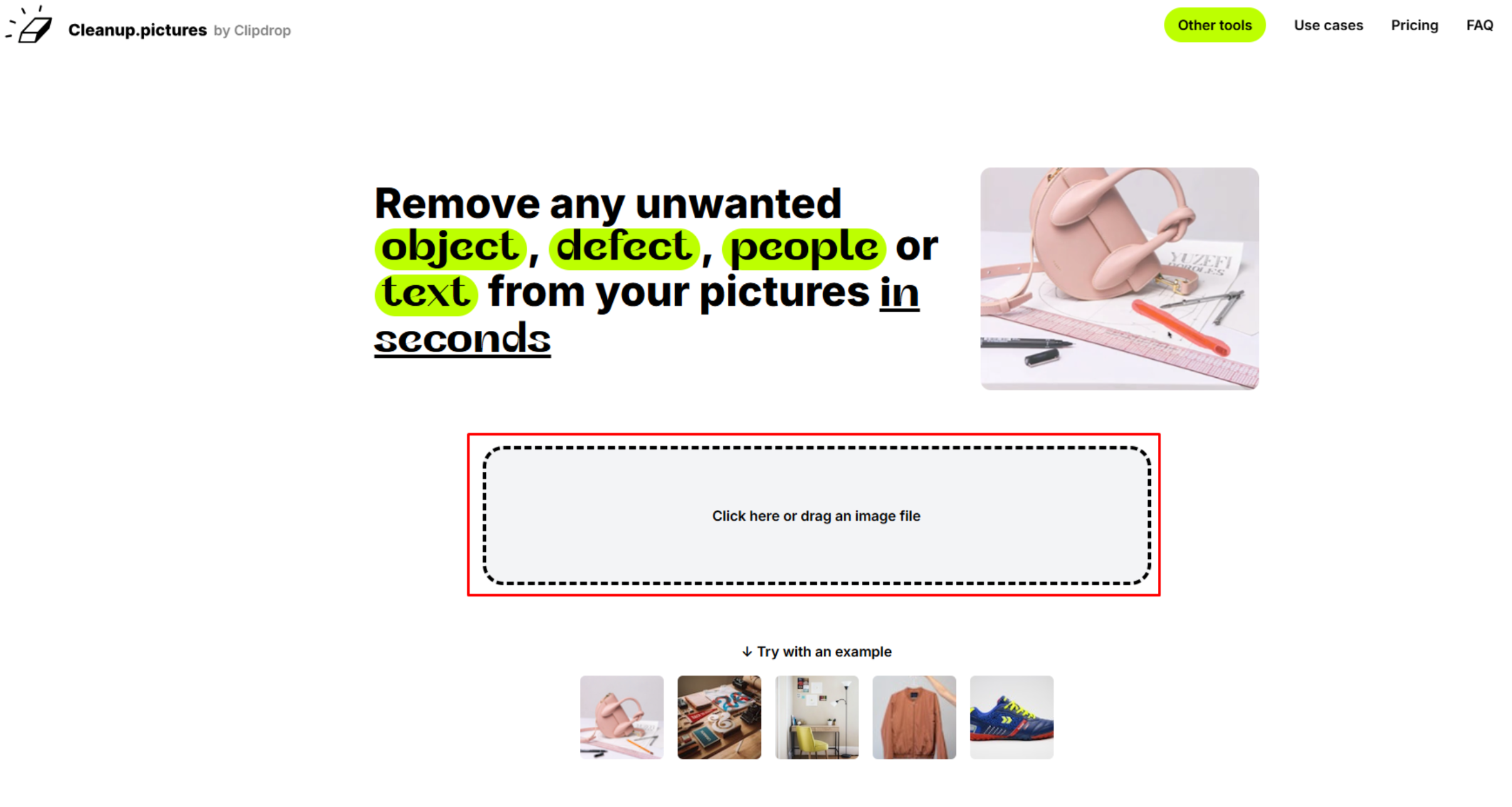 Een afbeelding uploaden naar de online tool Cleanup.pictures