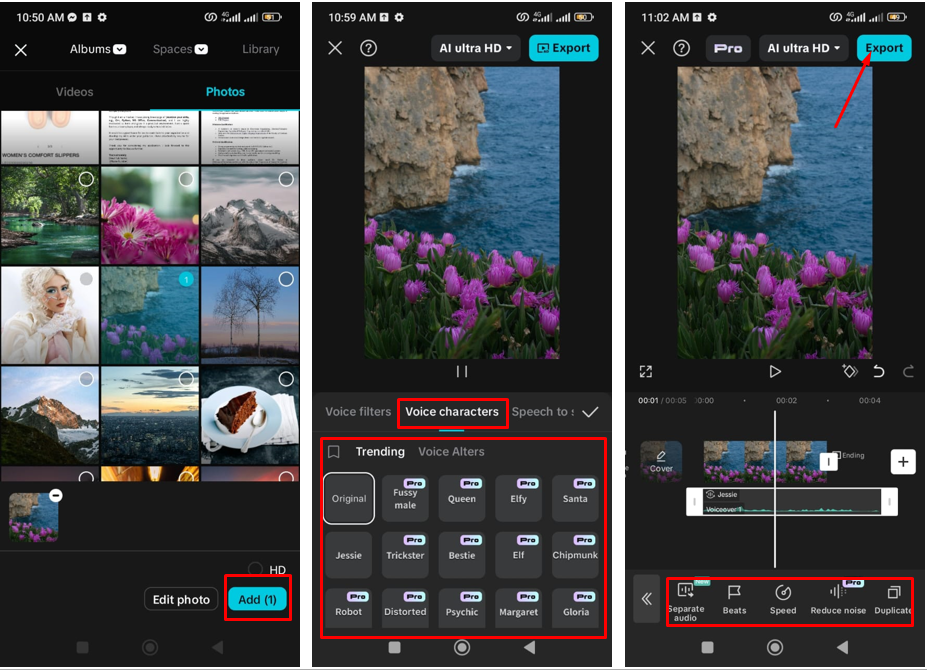 Obrázek ukazující, jak změnit hlas v mobilní aplikaci Capcut.