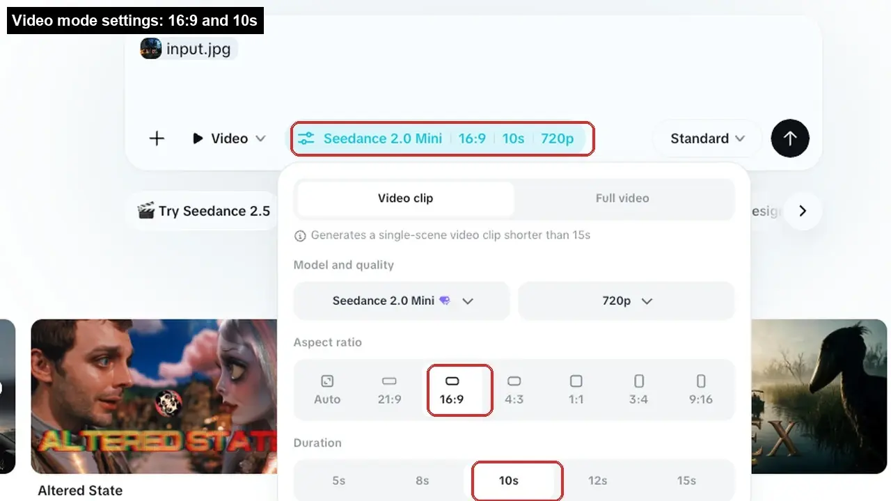 Video mode settings showing Seedance 2.0 Mini, 16:9 aspect ratio, and 10s duration