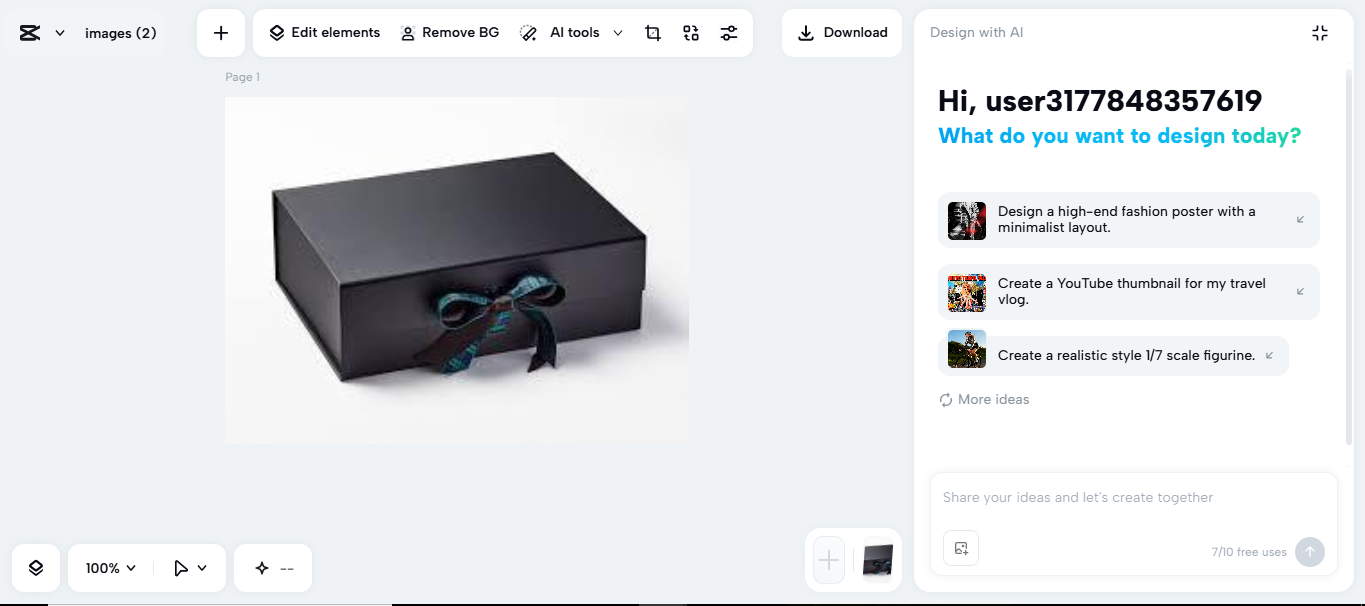 Uploading an image in the AI design workspace in the CapCut desktop video editor